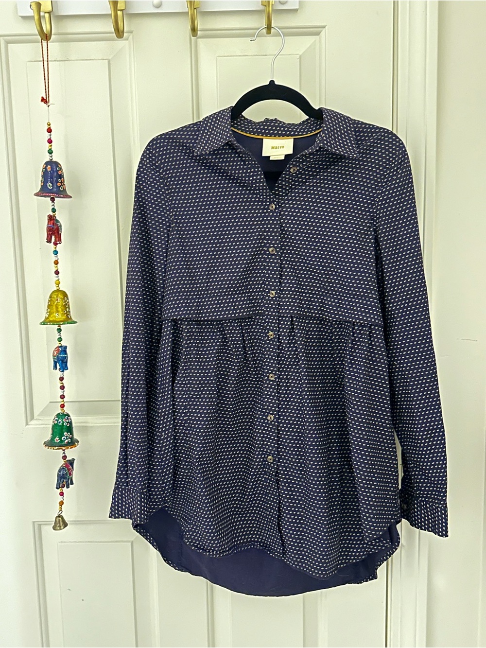 Maeve Navy Micro Dot Button-Front Peplum Shirt